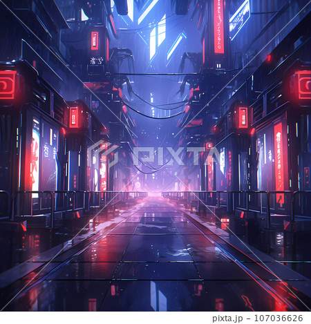 Cyberpunk Retro Futuristic City with Neon Lights 107036626