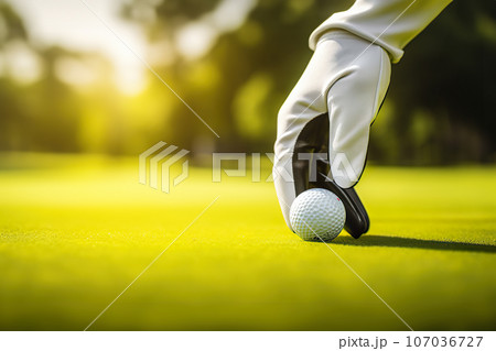 Close-Up of Gloved Hand Holding Golf Club Outdoors Against Lush Green Field with Copy Space. created with Generative AI 107036727