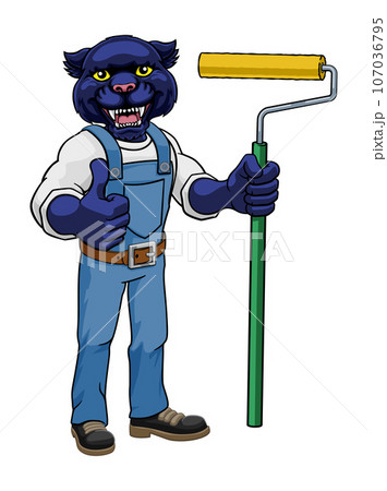 Panther Painter Decorator Paint Roller Mascot Man 107036795