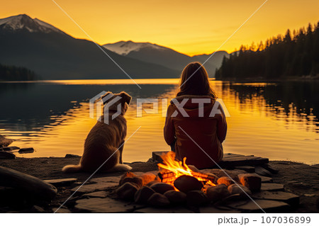 Breathtaking Sunset Bond Young Woman and Her Dog by Campfire, Embracing the Serene Lake View, Celebrating Friendship. created with Generative AI 107036899