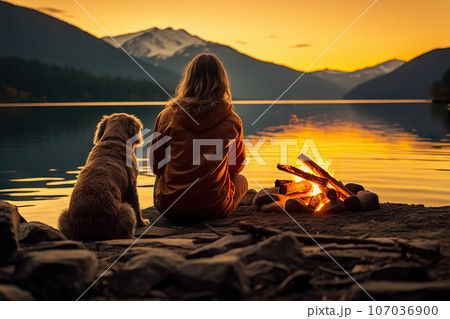 Breathtaking Sunset Bond Young Woman and Her Dog by Campfire, Embracing the Serene Lake View, Celebrating Friendship. created with Generative AI 107036900