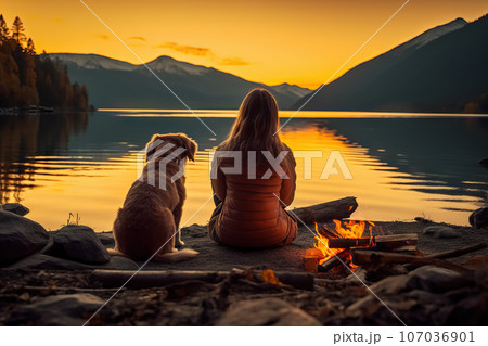 Breathtaking Sunset Bond Young Woman and Her Dog by Campfire, Embracing the Serene Lake View, Celebrating Friendship. created with Generative AI 107036901
