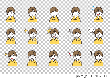 Reaction set of male facial expressions, casual clothes, yellow 107037014