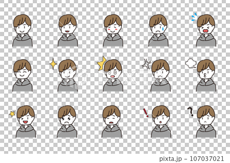 Reaction set of male facial expressions, casual clothes, gray 107037021