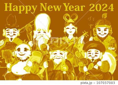 2024年 辰年 年賀状用テンプレート 七福神の手描き和風イラスト入り 2024年 辰年 年賀状用テンプレート 七福神の手描き和風イラスト入り 107037083