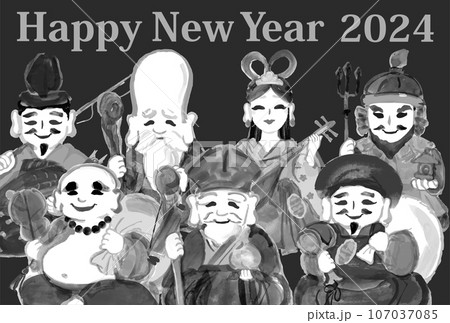 2024年 辰年 年賀状用テンプレート　七福神の手描き和風イラスト入り 107037085
