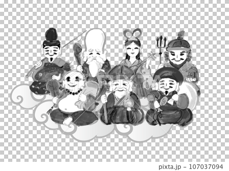 Hand-drawn Japanese style illustration of the Seven Lucky Gods Hand-drawn Japanese style illustration of the Seven Lucky Gods 107037094