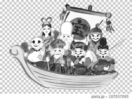 宝船に乗った七福神の手描き和風イラスト 107037095