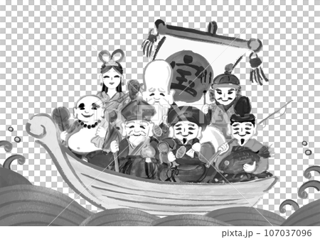 Hand-drawn Japanese-style illustration of the Seven Lucky Gods on a treasure ship 107037096
