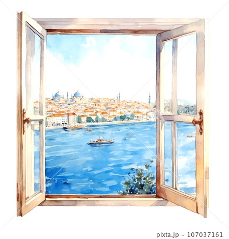 Window sea istanbul watercolor on white backgroundのイラスト素材