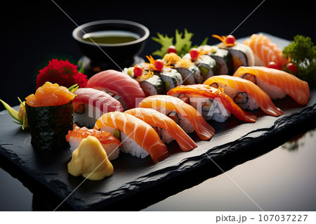 Artful Sushi Presentation Sashimi and Sushi Rolls elegantly arranged on Stone Slate. created with Generative AI 107037227