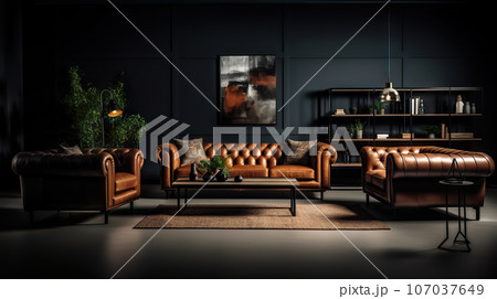 Luxurious Living Spacious Modern Interior Design with Leather Sofas and Chairs Against Dark Classic Wall. created with Generative AI 107037649