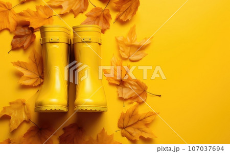 rubber yellow boots on autumn leaves in the park. protect your feet from the rain. Autumn has come. yellow leaves. rubber yellow boots on autumn leaves in the park. protect your feet from the rain. Autumn has come. yellow leaves. 107037694