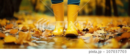 rubber yellow boots on autumn leaves in the park. protect your feet from the rain. Autumn has come. yellow leaves. rubber yellow boots on autumn leaves in the park. protect your feet from the rain. Autumn has come. yellow leaves. 107037703