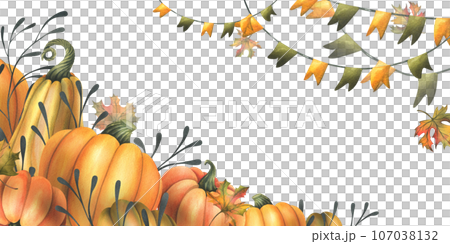 Orange autumn pumpkins with maple leaves, flags garland and twigs. Watercolor illustration, hand drawn. Template, frame on a white background Orange autumn pumpkins with maple leaves, flags garland and twigs. Watercolor illustration, hand drawn. Template, frame on a white background 107038132
