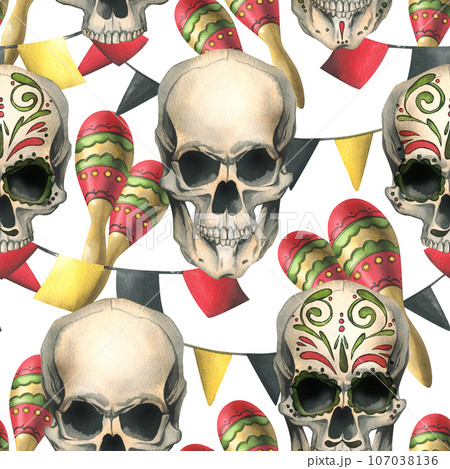 Ornamented human skulls with maracas, garland paper flags. Hand drawn watercolor illustration for day of the dead, halloween, Dia de los muertos. Seamless pattern on white background 107038136