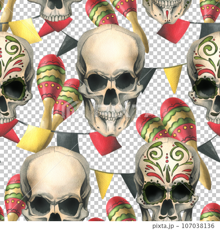 Ornamented human skulls with maracas, garland paper flags. Hand drawn watercolor illustration for day of the dead, halloween, Dia de los muertos. Seamless pattern on white background Ornamented human skulls with maracas, garland paper flags. Hand drawn watercolor illustration for day of the dead, halloween, Dia de los muertos. Seamless pattern on white background 107038136