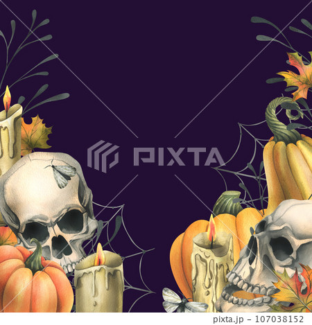 Human skull with orange pumpkins, candles, night moths, cobwebs and autumn leaves. Hand drawn watercolor illustration for Halloween and Day of the Dead. Template on a dark purple background. 107038152