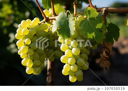 Verdant Elegance Bursting with Flavor, a Ripe Juicy Green Grapes Bunch Flourishes in the Vineyard.created with Generative AI 107038519