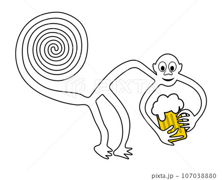 Monkey with pint of beer - paraphrase of the famous geoglyph of the Monkey from Nazca Monkey with pint of beer - paraphrase of the famous geoglyph of the Monkey from Nazca 107038880