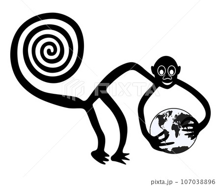 Monkey with the Earth in hands - paraphrase of the famous geoglyph of the Monkey from Nazca Monkey with the Earth in hands - paraphrase of the famous geoglyph of the Monkey from Nazca 107038896