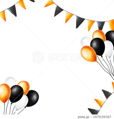Watercolor frame with festive flags and bunch of balls for halloween illustration. Hand painting postcard isolated on white background. For designers, decoration, shop, for postcards, wrapping paper 107039167