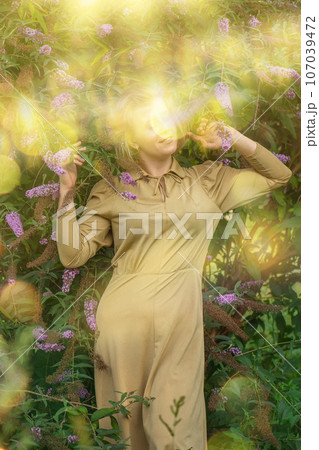 Girl in a simple dress in a buddleia flower field or butterfly bush. Girl in a simple dress in a buddleia flower field or butterfly bush. 107039472