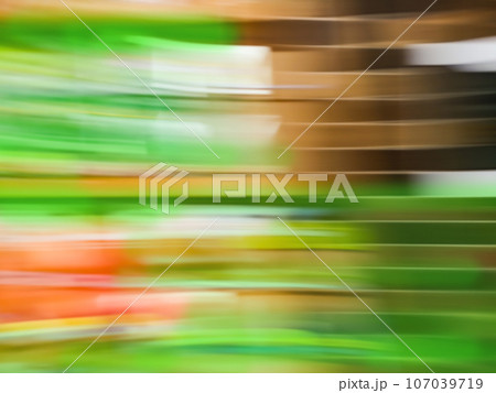Abstract blurred goods shelf in supermarket with buyers. 107039719