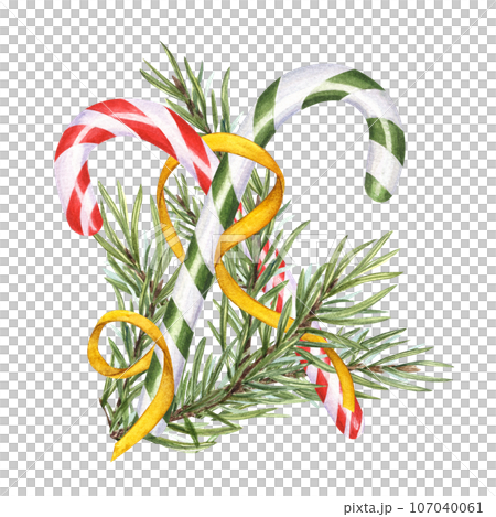 Red, green candy canes and spruce branch with gold ribbon. Christmas stick, caramel cane with striped ornate, Xmas sugar lollipop. Evergreen plant. Watercolor illustration for winter decoration Red, green candy canes and spruce branch with gold ribbon. Christmas stick, caramel cane with striped ornate, Xmas sugar lollipop. Evergreen plant. Watercolor illustration for winter decoration 107040061