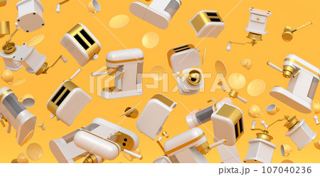 Many of flying espresso machine with horn, cups, geyser coffee maker and grinder 107040236