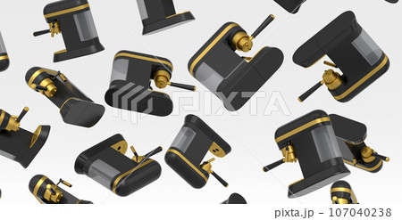 Many of flying professional espresso coffee machine with horn on white 107040238