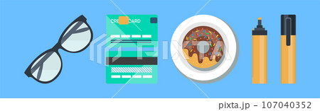 Office Object and Business Workflow Items on Blue Background Vector Set 107040352