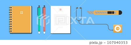 Office Object and Business Workflow Items on Blue Background Vector Set 107040353