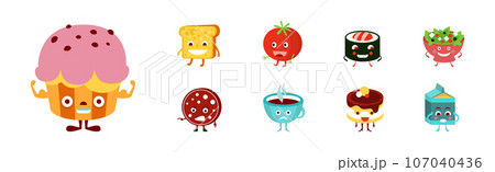 Cute Food Character with Smiling Faces Vector Set 107040436