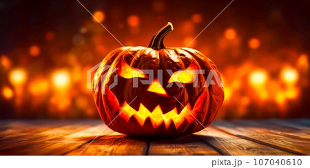 Carved glowing pumpkin on a wooden table with blurred bokeh background. Background banner or greeting card with Halloween holiday Carved glowing pumpkin on a wooden table with blurred bokeh background. Background banner or greeting card with Halloween holiday 107040610