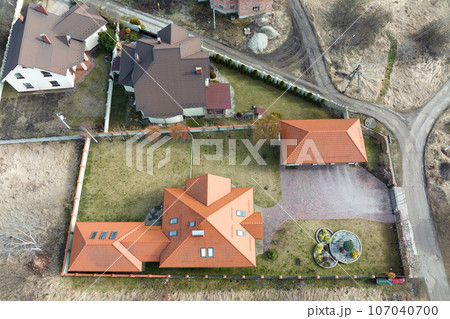 Aerial view of residential house with backyard in suburban rural area Aerial view of residential house with backyard in suburban rural area 107040700