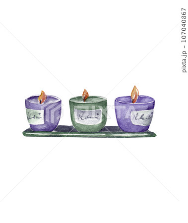 A set of burning liquid candles in colored glasses. Isolated watercolor illustration 107040867