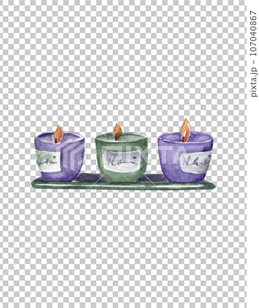 A set of burning liquid candles in colored glasses. Isolated watercolor illustration 107040867