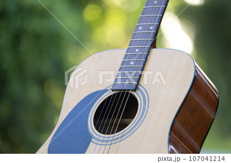 Acoustic guitar outdoors on greenery background. Concept of calm music 107041214