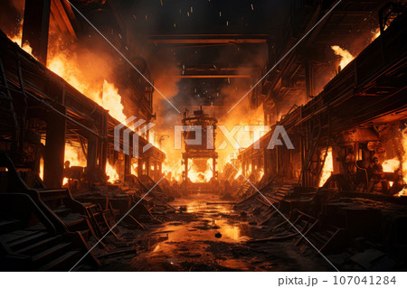 Steel mill interior, panorama inside foundry of metallurgical plant 107041284