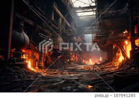 Inside steel mill, foundry of metallurgical plant, factory interior 107041285