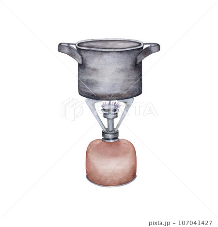 Cooking in the open air. Gas burner, saucepan. Watercolor illustration 107041427