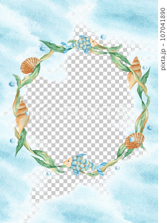 Sea card template with floral sea wreath, seaweeds and water bubbles birthday card. Marine design. Hand drawn watercolor illustration. For save the date, greeting birthday cards, poster. Sea card template with floral sea wreath, seaweeds and water bubbles birthday card. Marine design. Hand drawn watercolor illustration. For save the date, greeting birthday cards, poster. 107041890