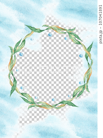 Sea card template with sea wreath, cute fish, seaweeds, seashells and water bubbles. Marine design. Hand drawn watercolor illustration. For save the date, greeting children birthday cards, poster 107041891