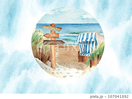 Sea card template with Baltic sea beach panorama, sand dunes, hooded beach chair, Strandkorb, wooden signpost, blue watercolor splashes. Hand drawn watercolor illustration. For holiday remembrance Sea card template with Baltic sea beach panorama, sand dunes, hooded beach chair, Strandkorb, wooden signpost, blue watercolor splashes. Hand drawn watercolor illustration. For holiday remembrance 107041892