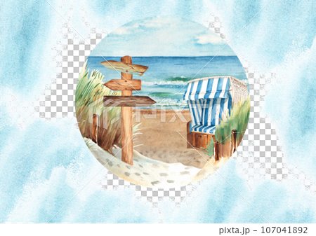 Sea card template with Baltic sea beach panorama, sand dunes, hooded beach chair, Strandkorb, wooden signpost, blue watercolor splashes. Hand drawn watercolor illustration. For holiday remembrance Sea card template with Baltic sea beach panorama, sand dunes, hooded beach chair, Strandkorb, wooden signpost, blue watercolor splashes. Hand drawn watercolor illustration. For holiday remembrance 107041892
