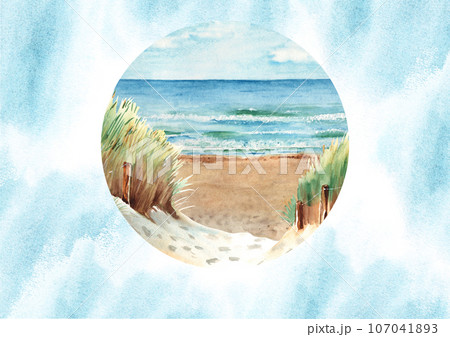 Sea card template with Baltic sea beach panorama, sand dunes, blue watercolor splashes. Hand drawn watercolor illustration. For holiday remembrance, keepsake, greeting cards, poster. 107041893