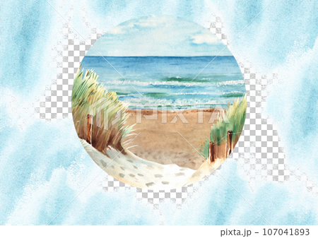 Sea card template with Baltic sea beach panorama, sand dunes, blue watercolor splashes. Hand drawn watercolor illustration. For holiday remembrance, keepsake, greeting cards, poster. 107041893