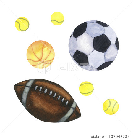 Watercolor balls. American football, soccer, tennis, buscketball ball. Hand drawn illustration isolated on white Watercolor balls. American football, soccer, tennis, buscketball ball. Hand drawn illustration isolated on white 107042288