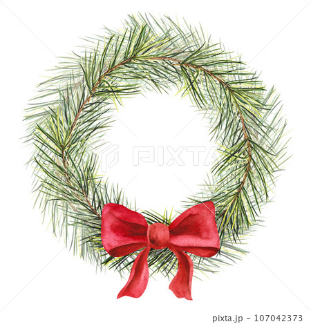 Watercolor wreath illustration with pine branch and a bright red festive ribbon. Isolated cliparts with space for text for Christmas design, New Year compositions. Realistic hand drawn botanical Watercolor wreath illustration with pine branch and a bright red festive ribbon. Isolated cliparts with space for text for Christmas design, New Year compositions. Realistic hand drawn botanical 107042373